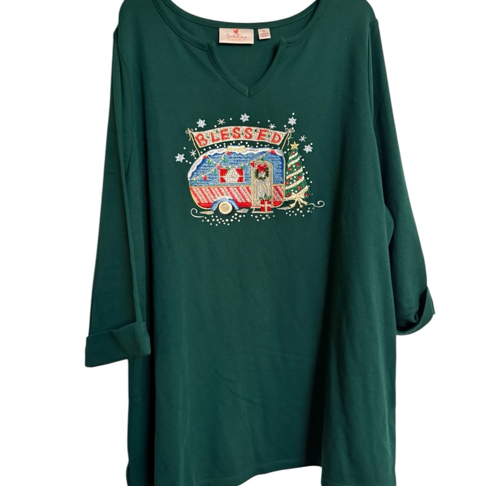 Quacker Factory Christmas Holiday Blessed Camper Shirt Blouse Tunic XL